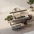 Modern Wooden Tea Table and Chairs with Hanging Lights and Potted Plants on Indoor Rug