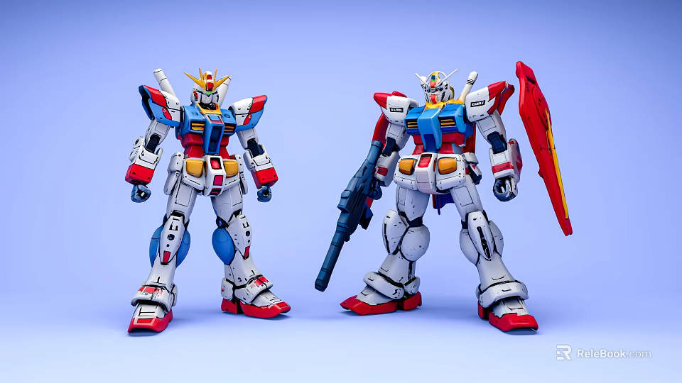 Two Action Figures White Blue Red Yellow Standing With Gun Shield Light Blue Background 3d model 