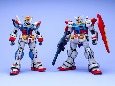 Two Action Figures White Blue Red Yellow Standing With Gun Shield Light Blue Background 3d model