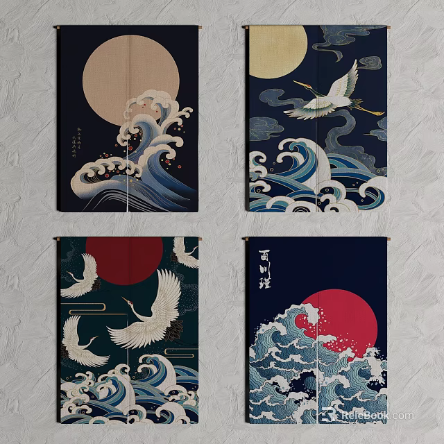 Traditional Style Curtains With Crane Wave Red Sun And Moon Patterns 3d model