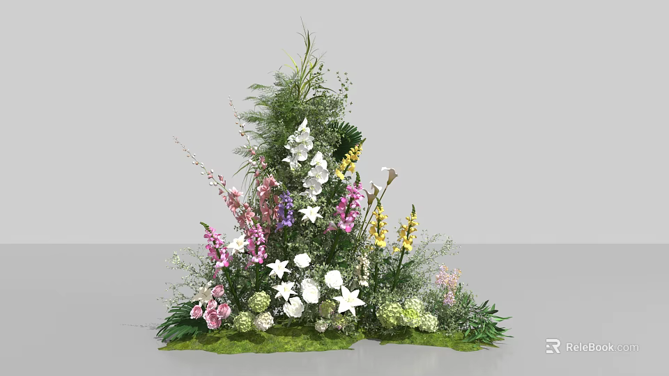 Decorative Floral Installation With White Pink Purple Yellow Flowers And Green Foliage 3d model 