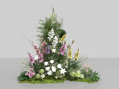 Decorative Floral Installation With White Pink Purple Yellow Flowers And Green Foliage 3d model