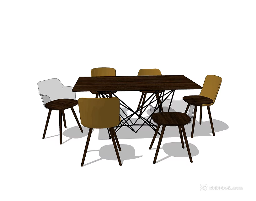 Modern Dark Rectangular Dining Table Set With Crossed Metal Legs And Multi Colored Chairs 3d model