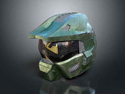 Green Futuristic Helmet With Metallic Surface Design And Transparent Visor Details 3d model