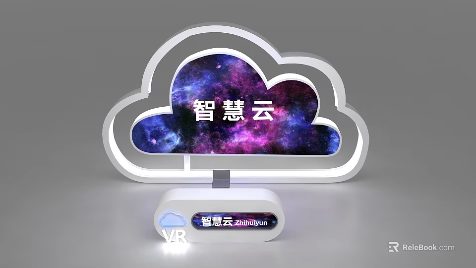 Smart Cloud Themed Display Shelf with VR Function and Purple Nebula Background LED Frame 3d model