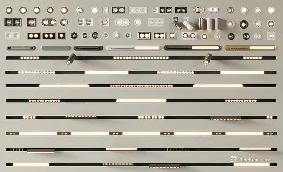 Modern LED Lighting Combination Set With Strip Pendant And Recessed Fixtures For Home Interiors 3d model 