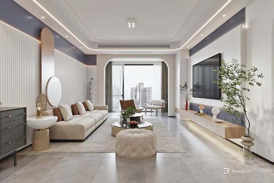Modern Living And Dining Room Interior With Beige Sofa Coffee Table TV And Green Plant 3d model 