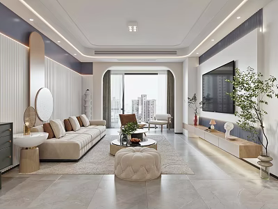 Modern Living And Dining Room Interior With Beige Sofa Coffee Table TV And Green Plant 3d model