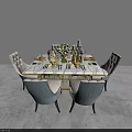 Elegant Dining Table Set With Marble Top Blue Gray Chairs And Gold Accents