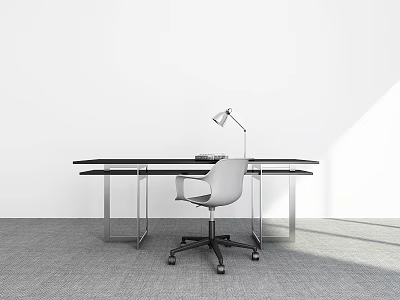 Modern Office Desk With Metal Frame White Chair And Desk Lamp 3d model