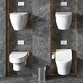 Modern Wall Mounted Toilets Arranged On Grey Marble Bathroom Wall With Metal Bins