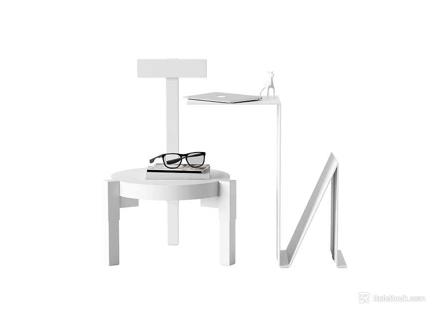 Modern White Desk With Minimalist Design Glasses Lamp And Side Shelf 3d model 
