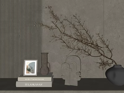 Ornamental Decor Combination with Vase Sculpture Photo Frame Books and Dried Branches in Minimalist Gray Wall 3d model