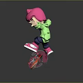 Man With Pink Hair Green Shirt Riding Red Skateboard And Jumping In Air