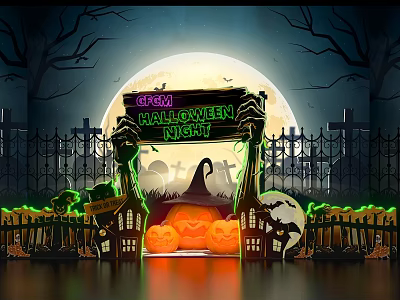 Spooky Halloween Night Scene With Pumpkins Tombstones Black Fence And Witch Hat 3d model