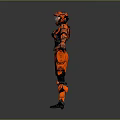 Futuristic Game Movie Character In Red Black Orange Armored Suit With Mechanical Design