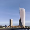 Modern Tall Office Building With Curved Facade In Urban Setting And Blue Sky