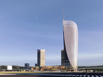 Modern Tall Office Building With Curved Facade In Urban Setting And Blue Sky 3d model
