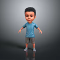 Boy In Blue T-shirt Gray Shorts And Gray Shoes On Gray Background With Reflective Floor