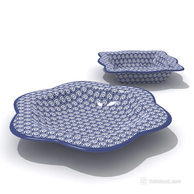 Blue and White Ceramic Tableware Set with Spiral Pattern Petal Shaped Bowls for Dining 3d model 