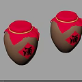 Traditional Chinese Style Wine Jars With Red Lids And Red Cloth Covers Featuring Wine Character