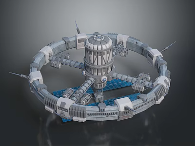 Futuristic Circular Space Station Structure With Central Tower And Solar Panels 3d model