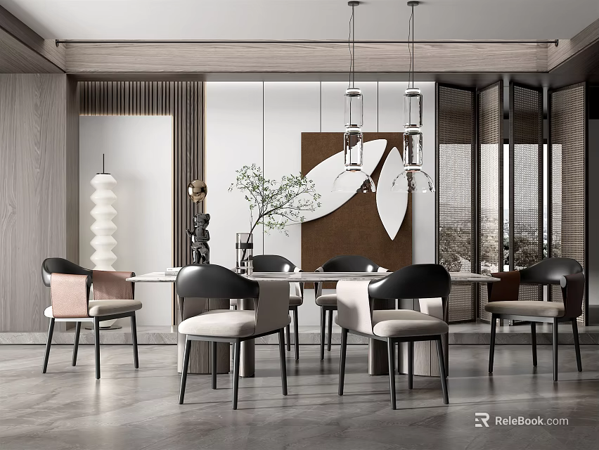 Contemporary Restaurant Interior With Modern Dining Table Comfortable Chairs And Pendant Lights 3d model