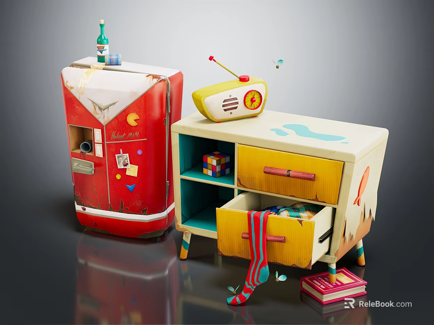 Vintage Style Room Decor With Red Refrigerator Radio Yellow Drawer Cabinet Socks And Books 3d model 