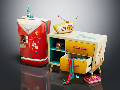 Vintage Style Room Decor With Red Refrigerator Radio Yellow Drawer Cabinet Socks And Books 3d model
