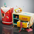 Vintage Style Room Decor With Red Refrigerator Radio Yellow Drawer Cabinet Socks And Books