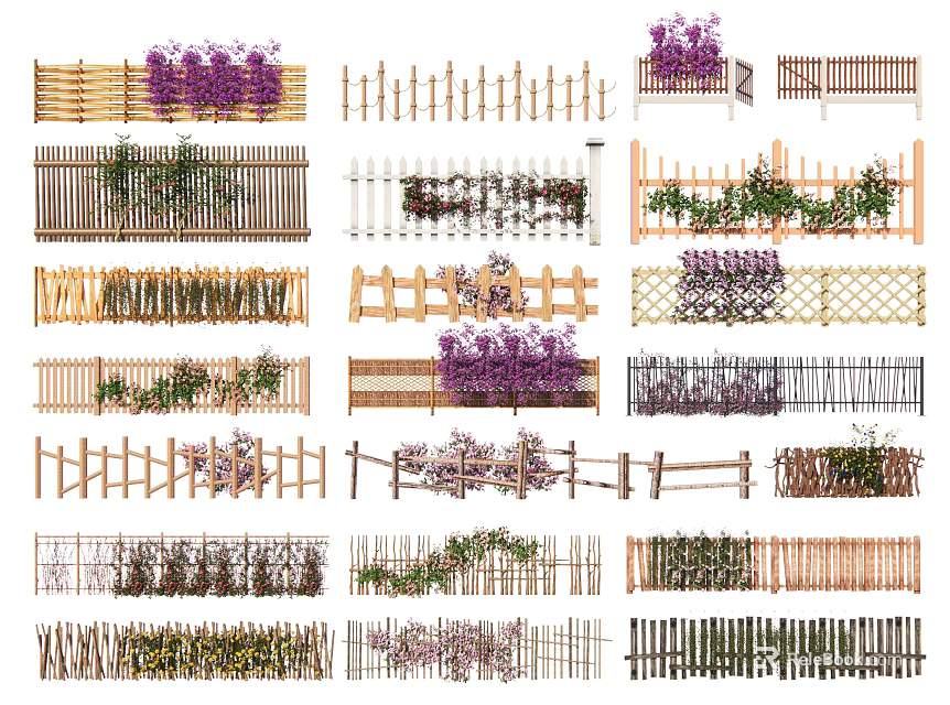 Various Types of Garden Fences With Wooden Bamboo and Decorative Designs And Climbing Plants 3d model 