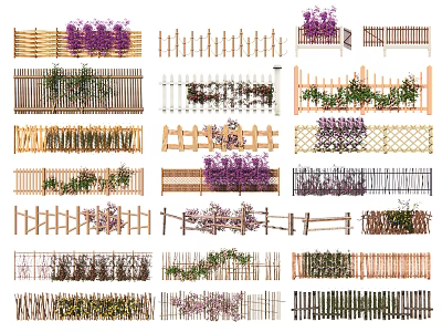 Various Types of Garden Fences With Wooden Bamboo and Decorative Designs And Climbing Plants 3d model