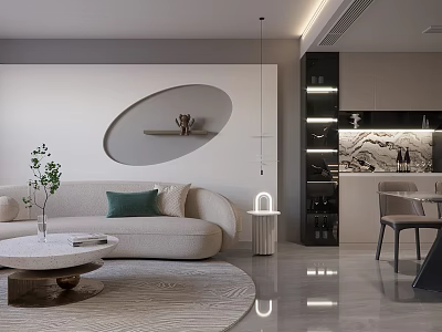 Modern Living Dining Room With Beige Curved Sofa Green Pillow Round Coffee Table And Dining Chairs 3d model