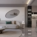 Modern Living Dining Room With Beige Curved Sofa Green Pillow Round Coffee Table And Dining Chairs