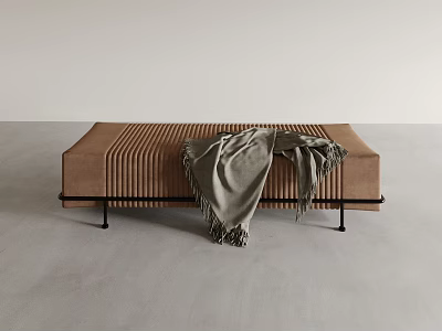 Brown Sofa Bench with Vertical Stripe Design and Gray Blanket on Black Metal Legs 3d model