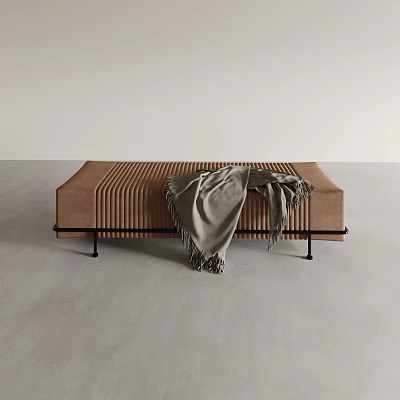 Brown Sofa Bench with Vertical Stripe Design and Gray Blanket on Black Metal Legs 3d model