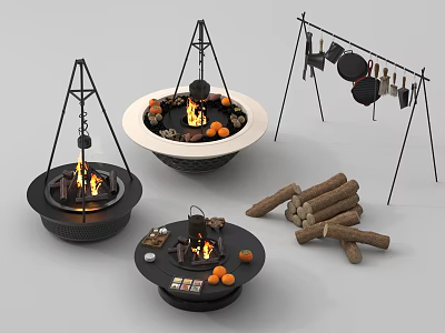 Various Designed Outdoor Fire Pits With Burning Flames Firewood Logs And Hanging Pots 3d model
