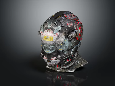 Futuristic Mechanical Helmet With Intricate Components Pipes Stickers And Display Screen 3d model