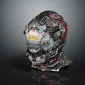 Futuristic Mechanical Helmet With Intricate Components Pipes Stickers And Display Screen