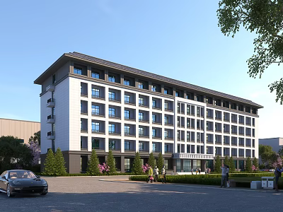 Modern Multi Story School Building With Many Windows Green Surroundings And Road In Front 3d model