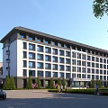 Modern Multi Story School Building With Many Windows Green Surroundings And Road In Front