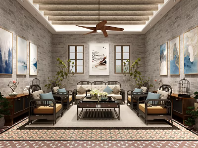 Reception Room Interior With Grey Brick Walls Wooden Beam Ceiling And Landscape Paintings 3d model