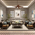 Reception Room Interior With Grey Brick Walls Wooden Beam Ceiling And Landscape Paintings