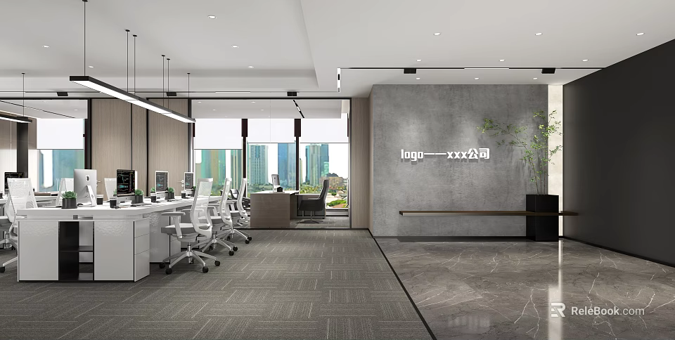 Public Office Space With Open Layout Workstations City View Windows And Logo Wall Green Plants 3d model 