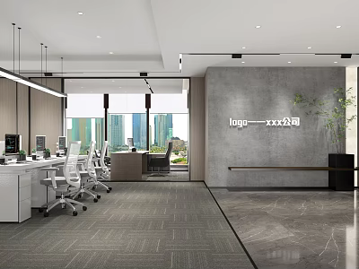 Public Office Space With Open Layout Workstations City View Windows And Logo Wall Green Plants 3d model