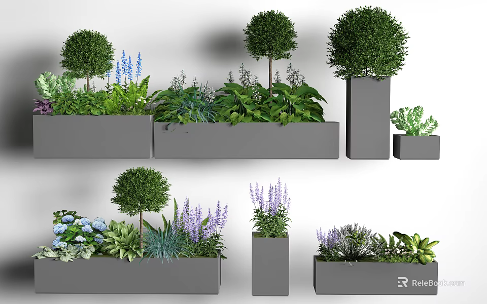 Modern Planter Display With Topiary Trees Purple Flowers Green Herbs And Succulents 3d model 