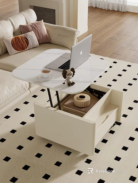 White Coffee Table With Open Drawer Laptop Coffee Cup Figurine Sofa Black White Checkered Rug 3d model 
