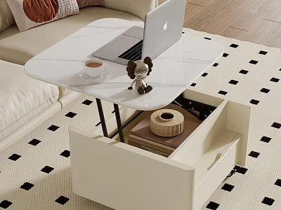 White Coffee Table With Open Drawer Laptop Coffee Cup Figurine Sofa Black White Checkered Rug 3d model