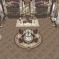 Ornate Luxurious Interior With Marble Columns Large Window Chandeliers And Curtains