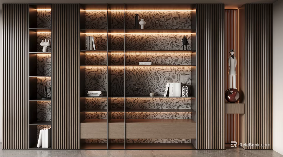 Elegant Modern Wooden Textured Bookcase With LED Lighting Glass Doors And Decorative Sculptures 3d model 